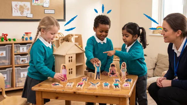 Students playing with emotion figures