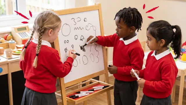 Students drawing with whiteboard pens